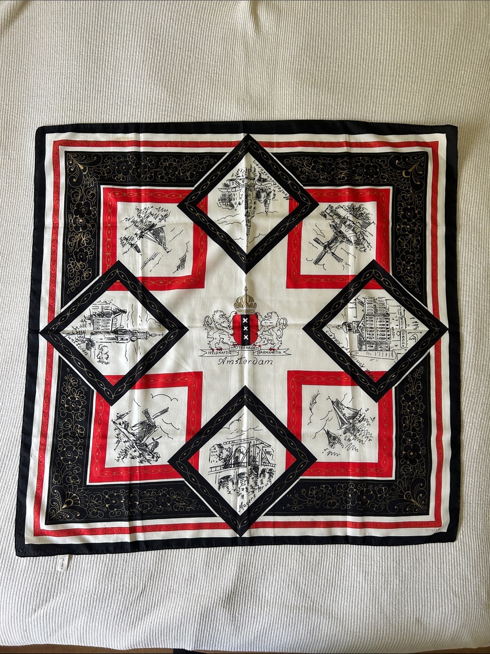 Vintage Amsterdam Holland Souvenir Square Scarf Black Red Gold NWOT 30 1/4”